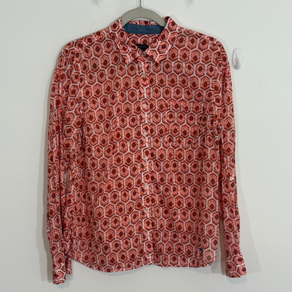 Talbots Womens Shirt 12 Red Geometric Cotton Button Down Roll Tab Boho Preppy